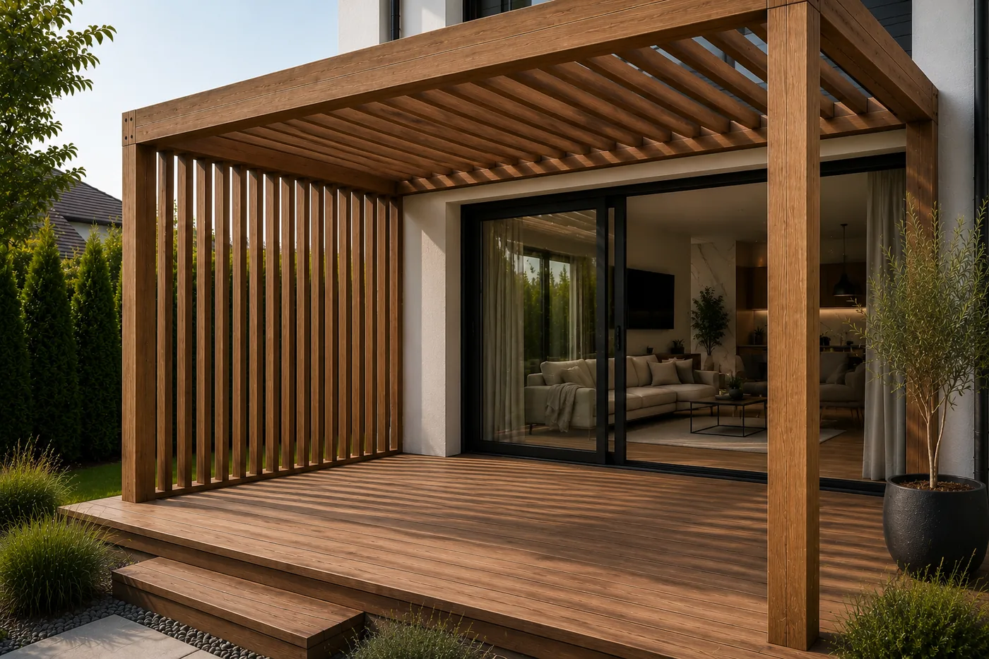Drewniana pergola z pionowymi lamelami — strefa wypoczynku z huśtawką ogrodową