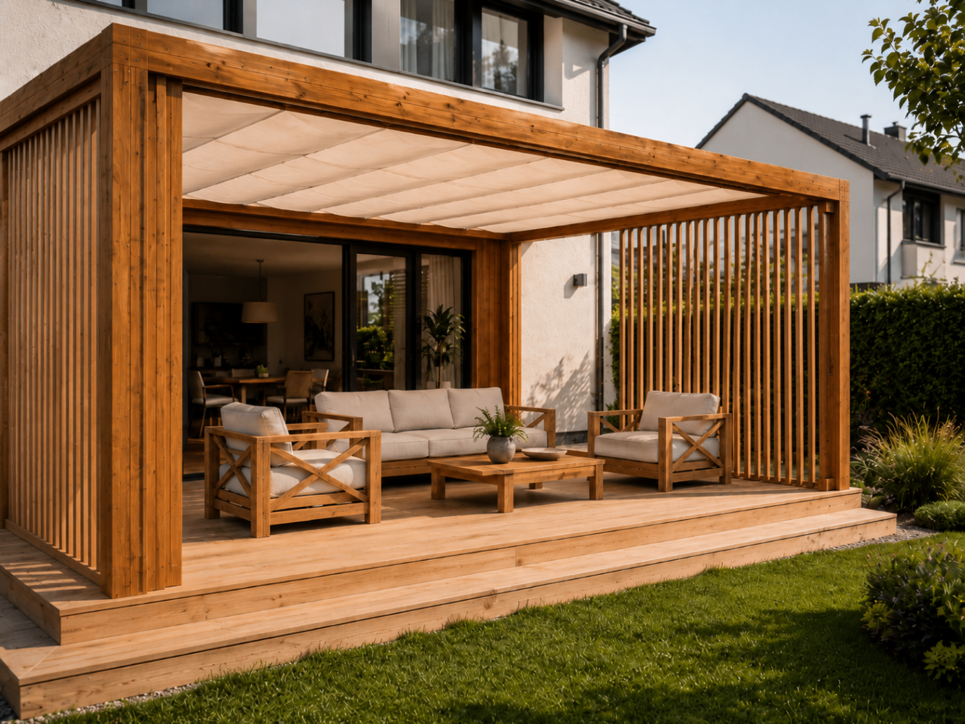 Wizualizacja pergoli z lamelami i płótnem — lounge z ramami X-frame