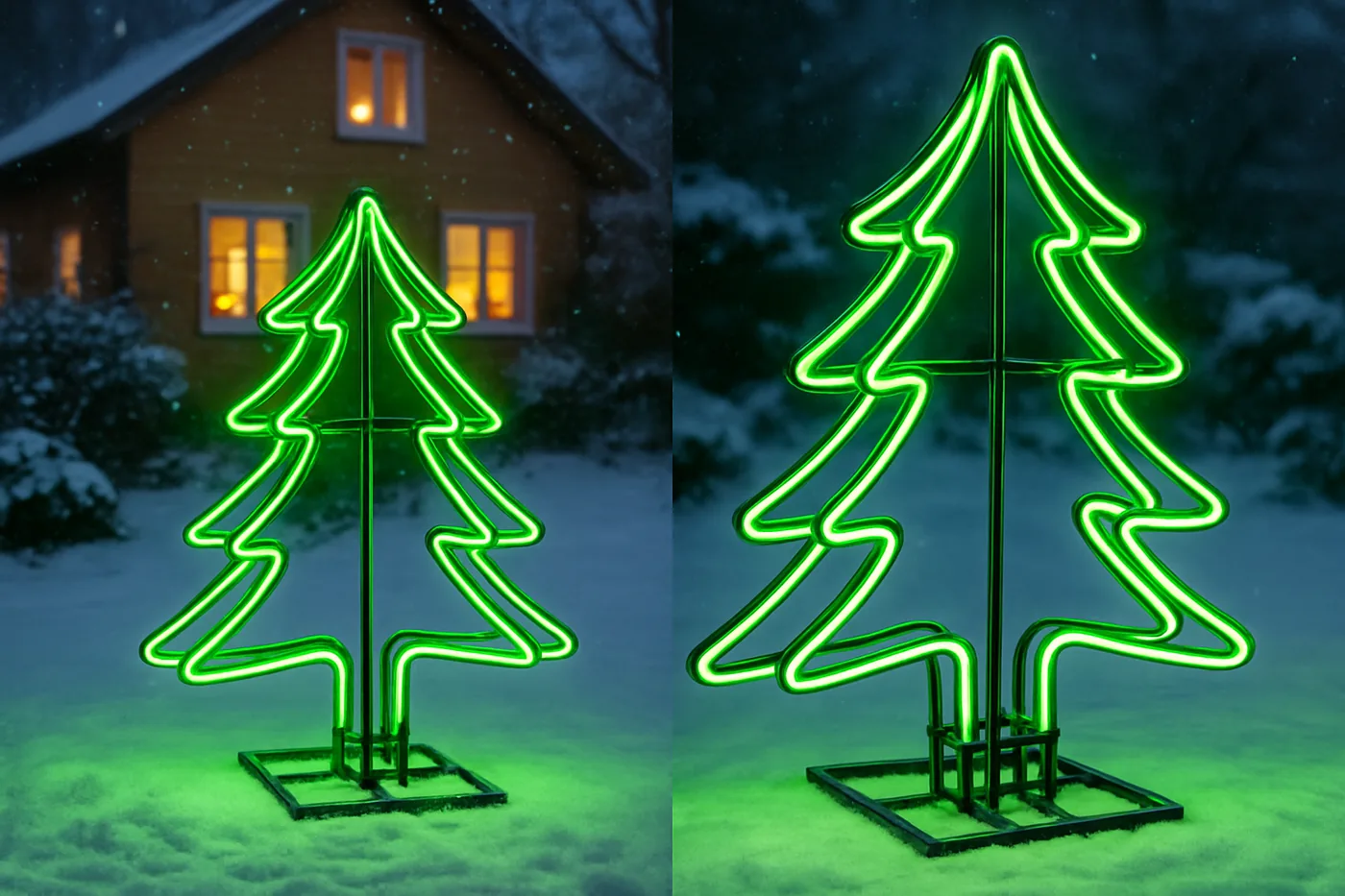 Świetlna choinka ogrodowa z zielonym neonem LED na stalowej ramie, ustawiona na śniegu przed drewnianym domem