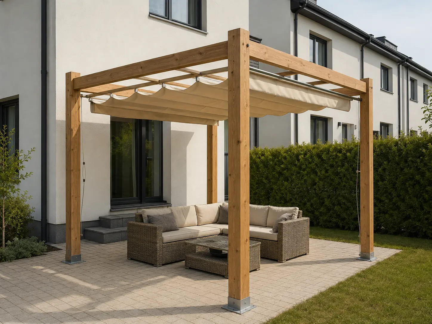 Pergola drewniana S — płótno, 250 × 250 × 235 cm, dach: płótno rozsuwane