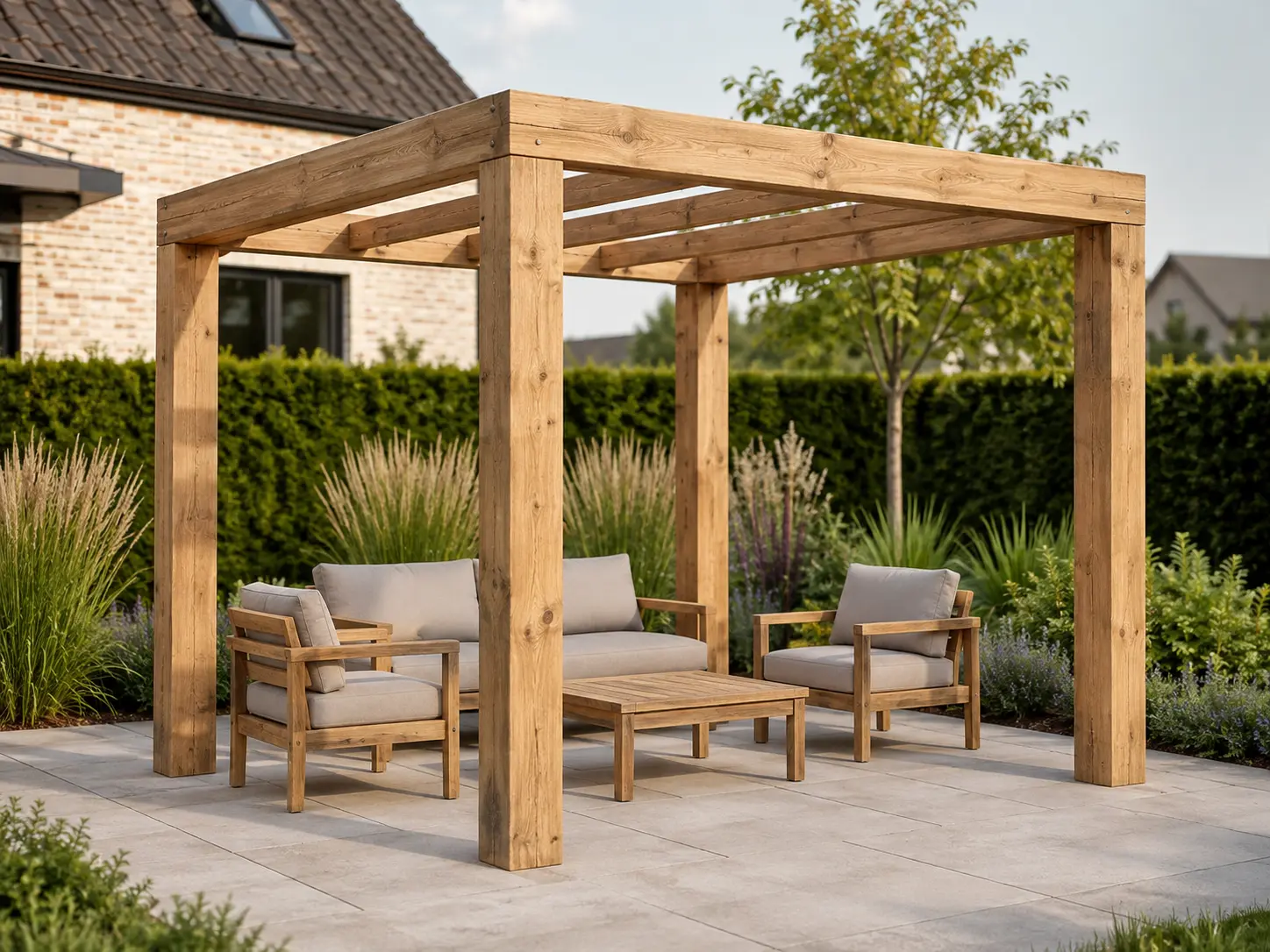 Wolnostojąca drewniana pergola otwarta nad strefą wypoczynku w ogrodzie