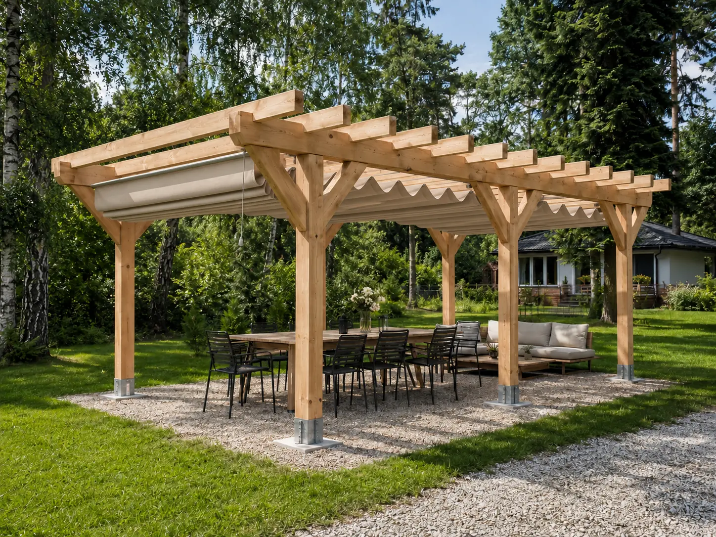 Pergola drewniana L — płótno, 400 × 500 × 245 cm, dach: płótno rozsuwane