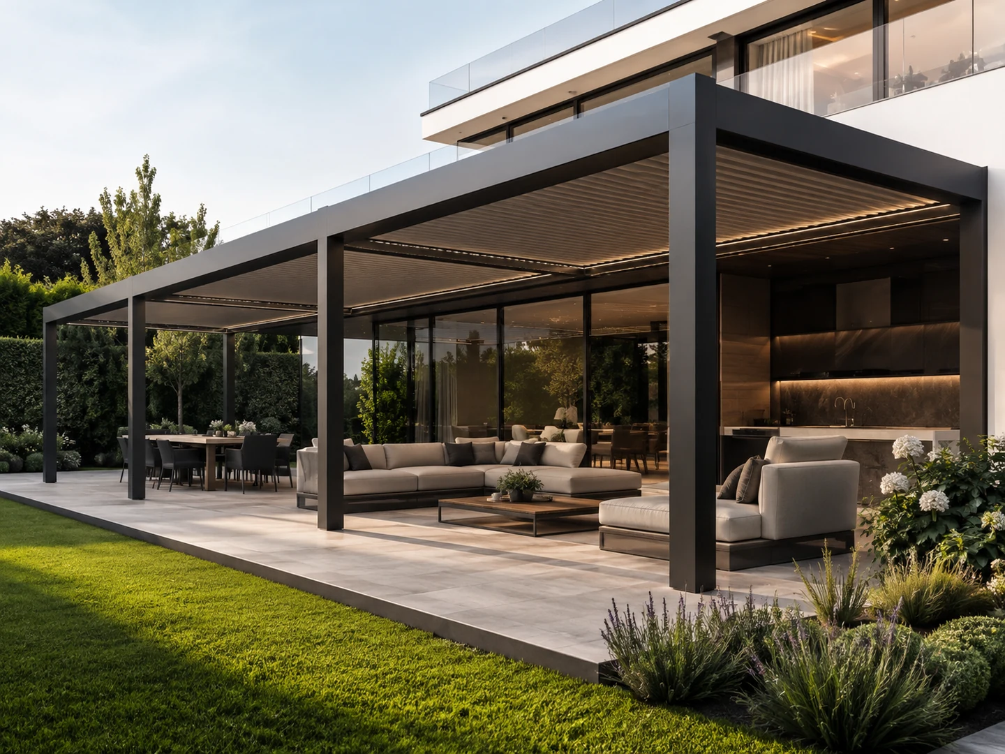 Pergola stalowa 500 × 800 — duży taras — wizualizacja projektowa, dach: lamelowy / modułowy