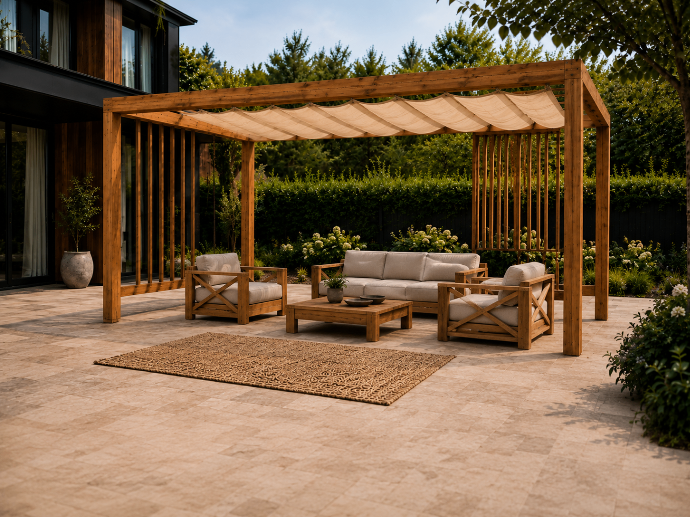 Wizualizacja głębokiej ławki lounge w pergoli z płótnem — rama X-frame