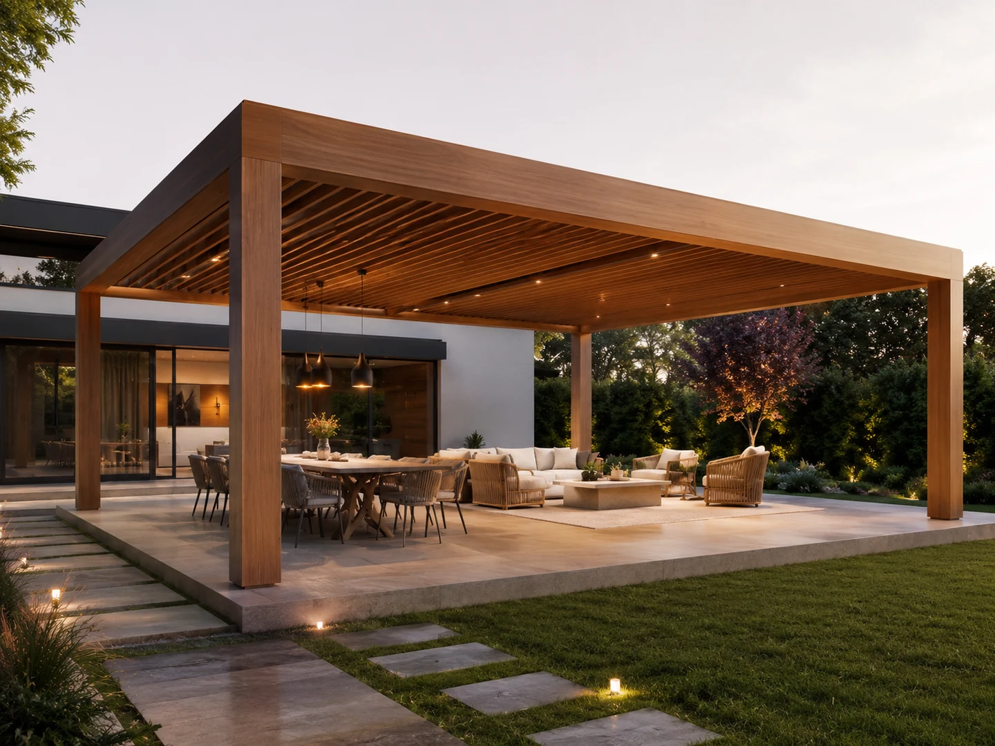 Pergola drewniana 500 × 700 — salon + jadalnia — wizualizacja projektowa, dach: ażurowy / częściowo zadaszony