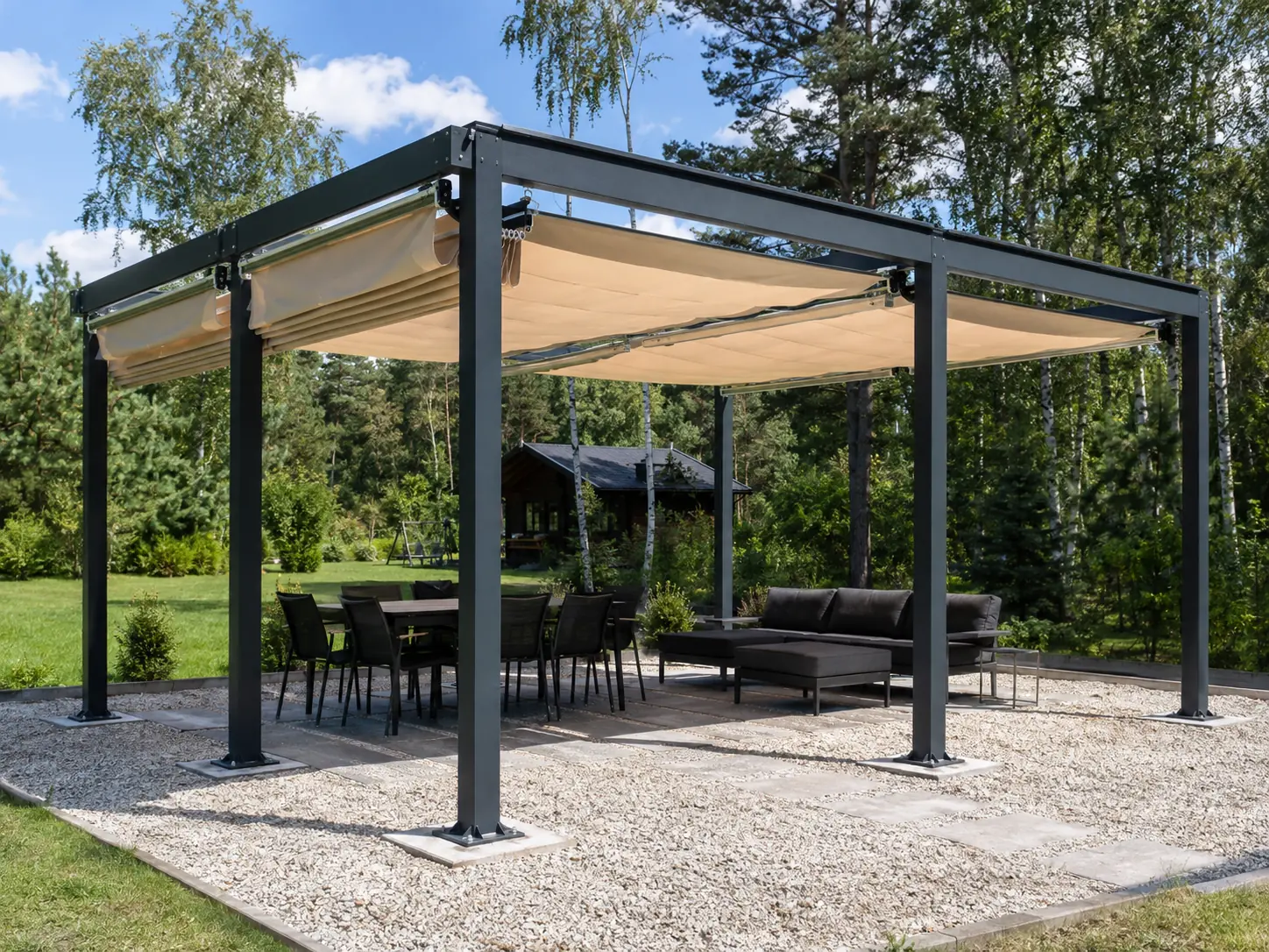 Pergola stalowa L — płótno, 400 × 500 × 245 cm, dach: płótno rozsuwane