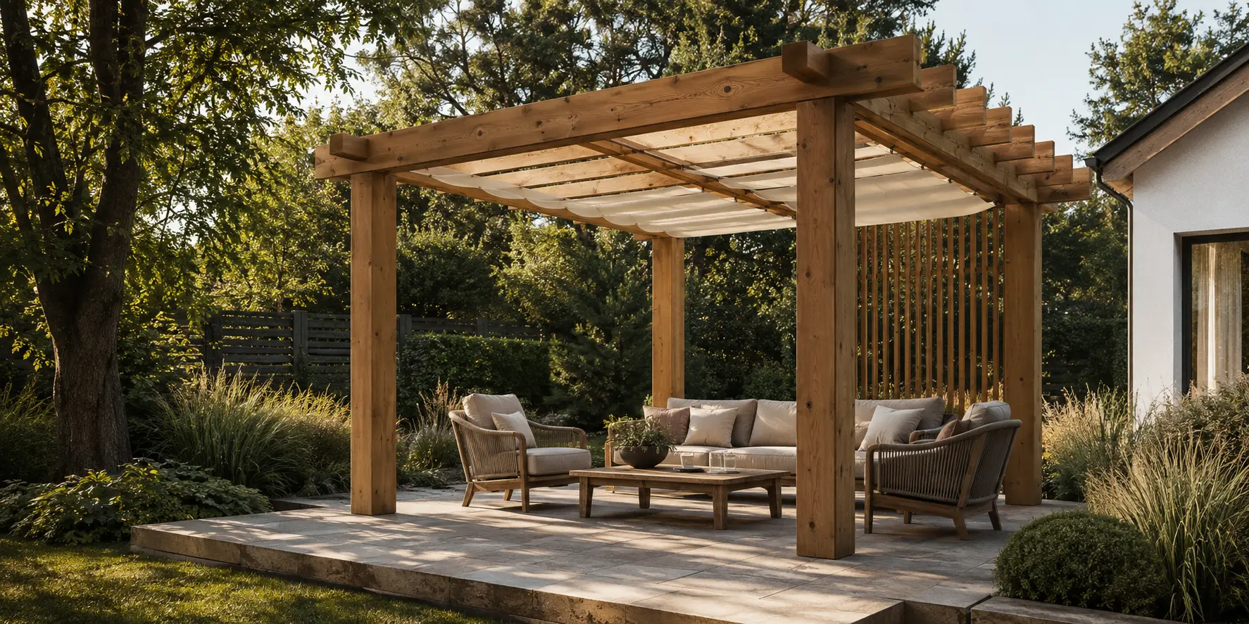 Wolnostojąca drewniana pergola z płótnem i strefą wypoczynku w ogrodzie