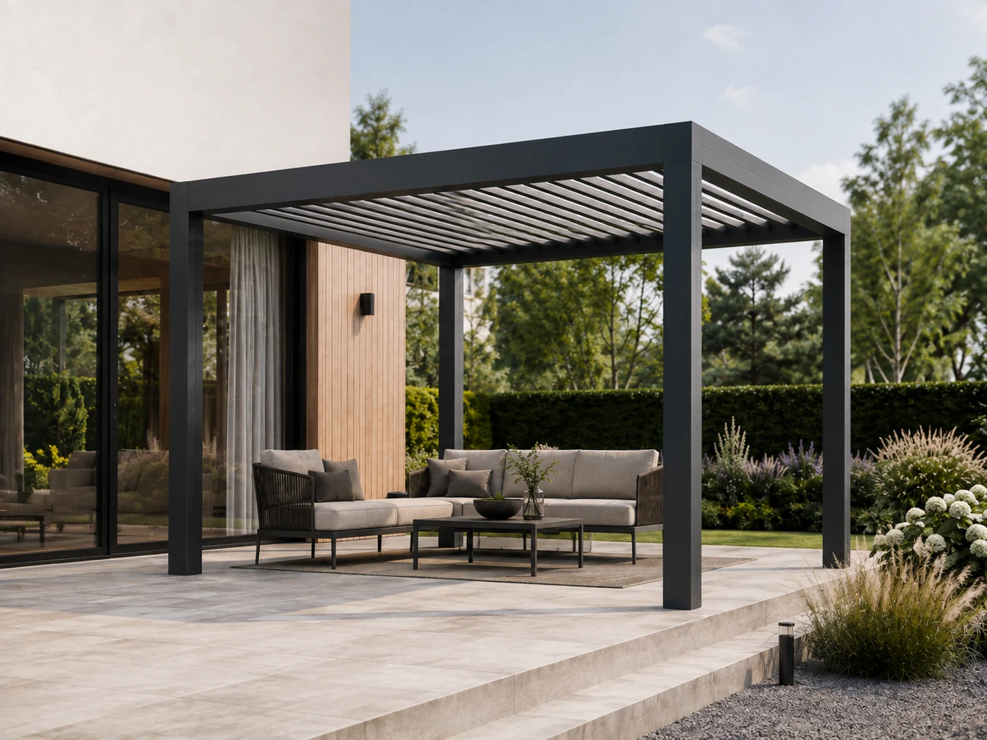 Pergola stalowa 300 × 400 — ażurowa — wizualizacja projektowa, dach: ażurowy — stalowe lamele / profile