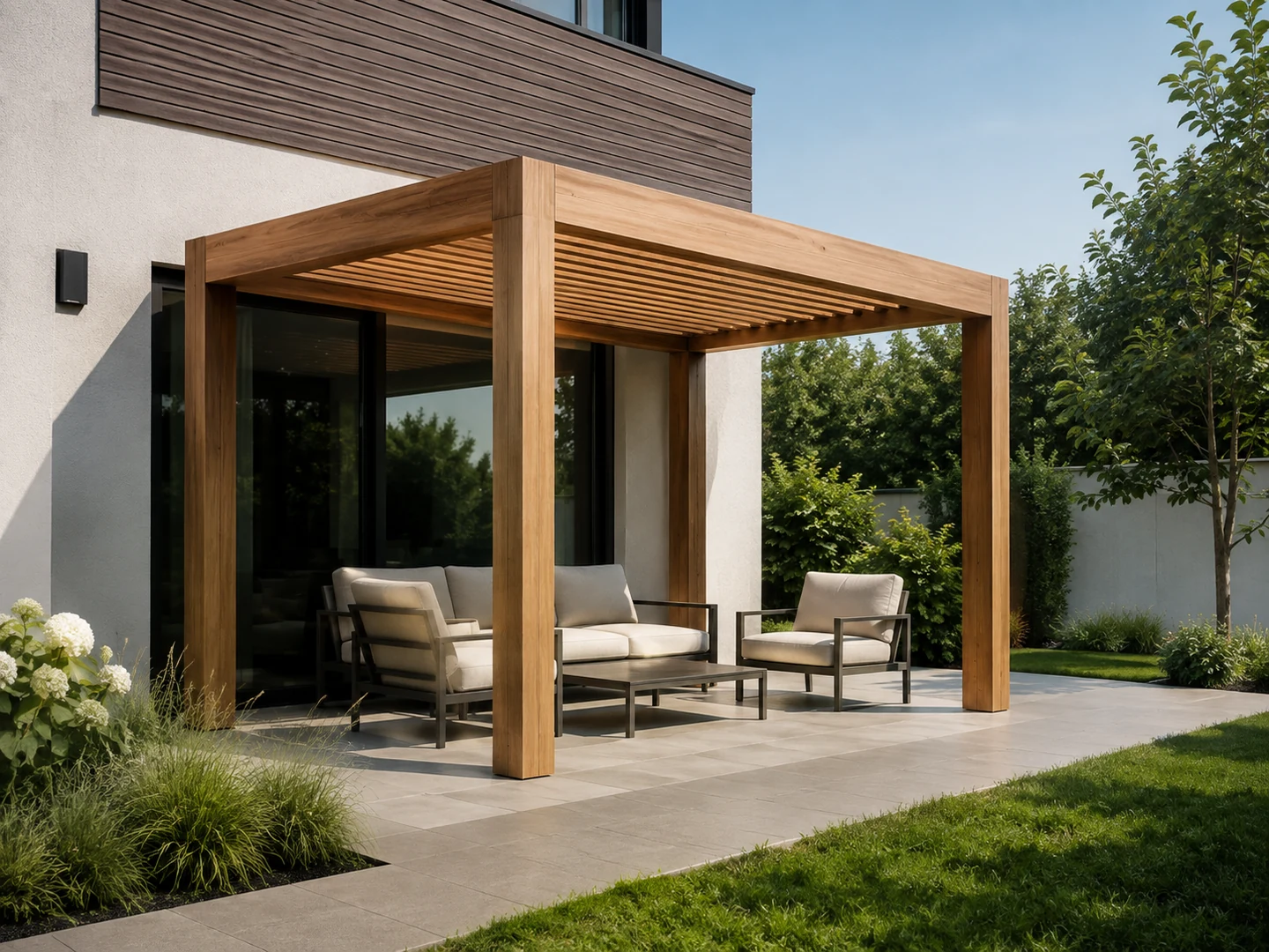 Pergola drewniana 250 × 250 — ażurowa — wizualizacja projektowa, dach: ażurowy — listwy drewniane wewnątrz ramy