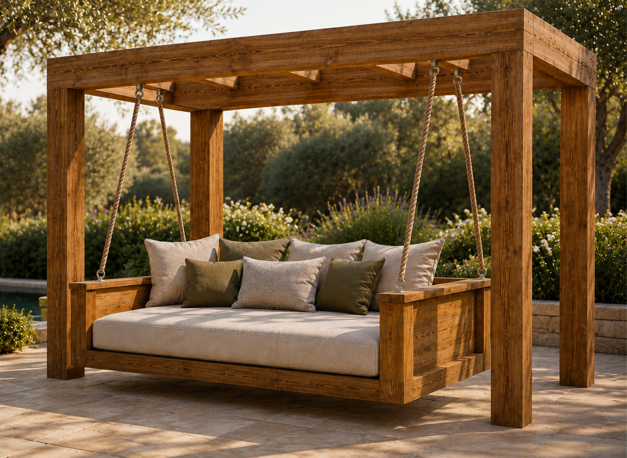 Wisząca leżanka (daybed) XXL — detal materaca i poduszek outdoor