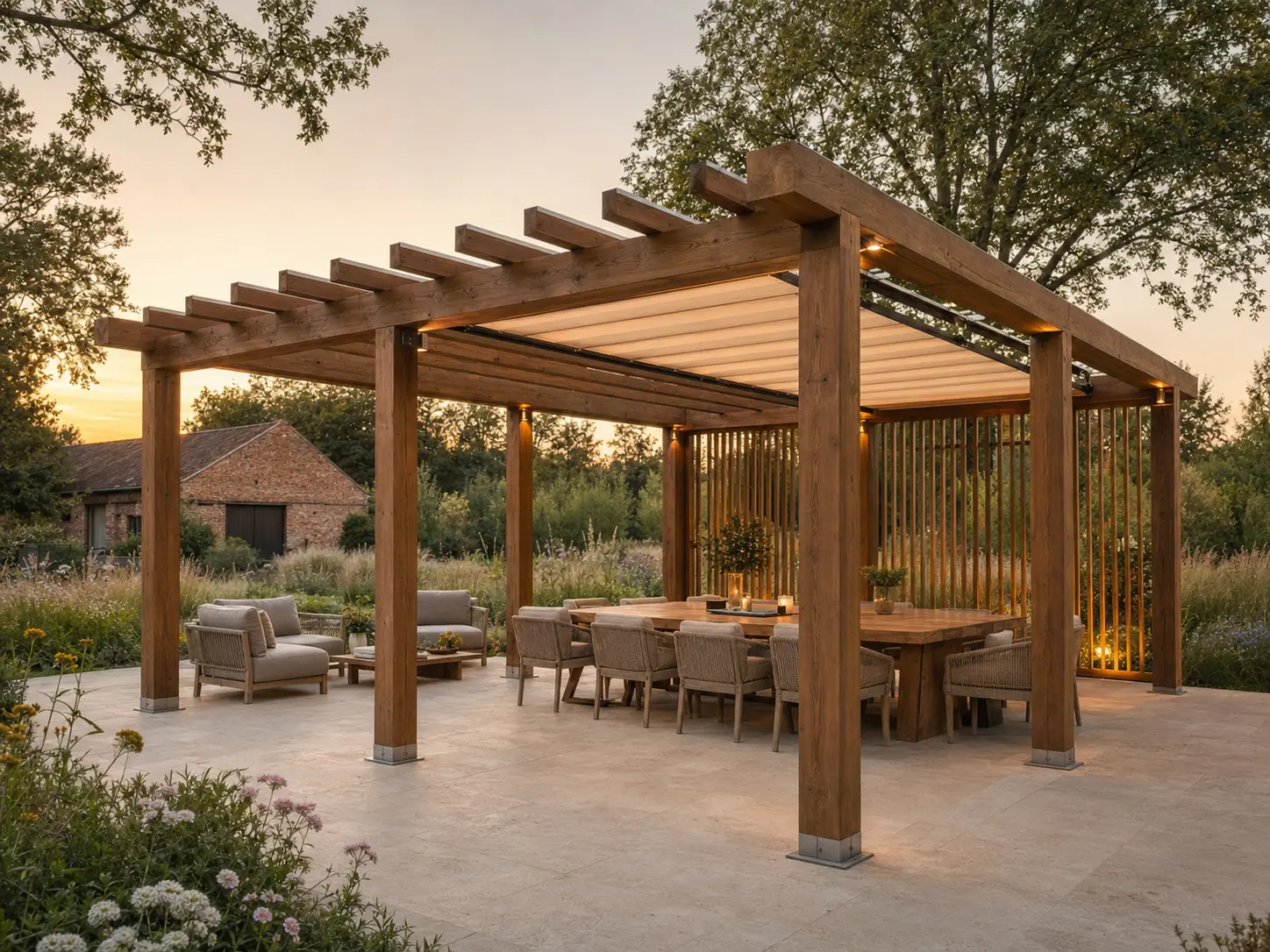 Duża wolnostojąca pergola drewniana ze strefą jadalną i wypoczynkową o zachodzie słońca