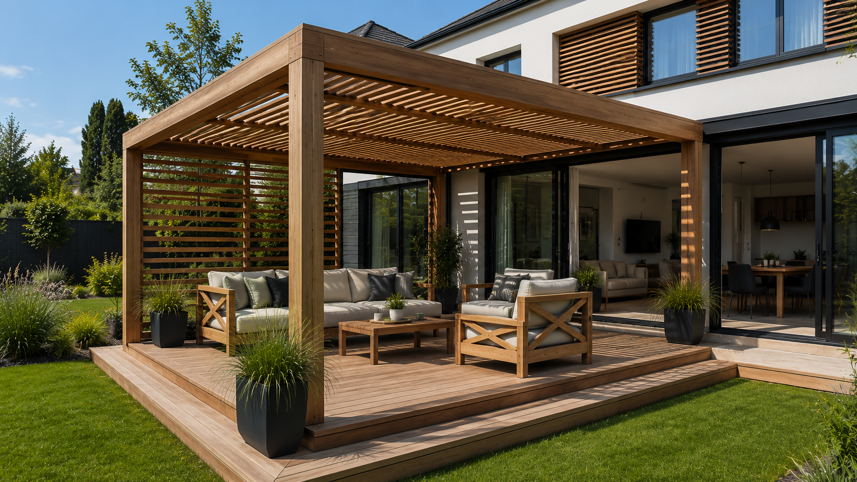 Strefa wypoczynku przy domu jednorodzinnym — pergola, daybed, taras i meble