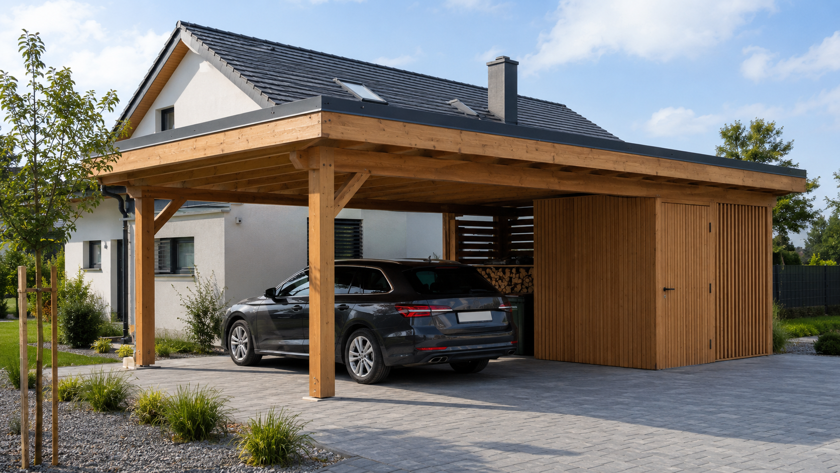 Drewniany carport z samochodem i zabudowanym pomieszczeniem gospodarczym przy domu jednorodzinnym