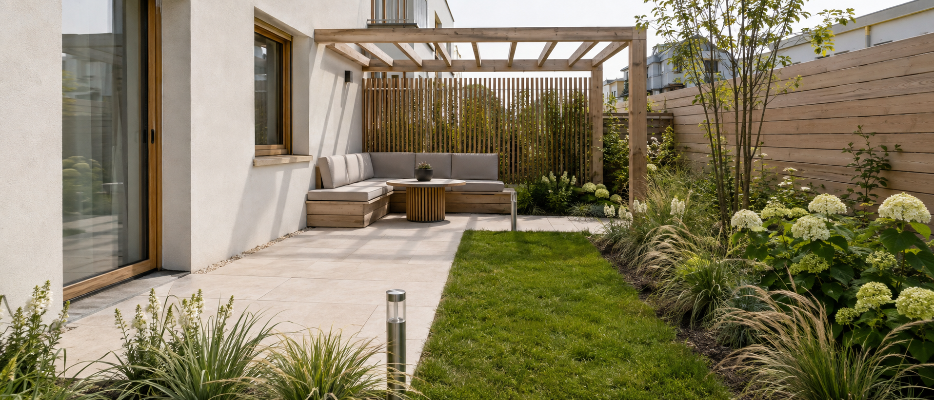 Mały ogródek przy domu — pergola, narożna ława, osłona lamelowa i ciepłe oświetlenie wieczorem