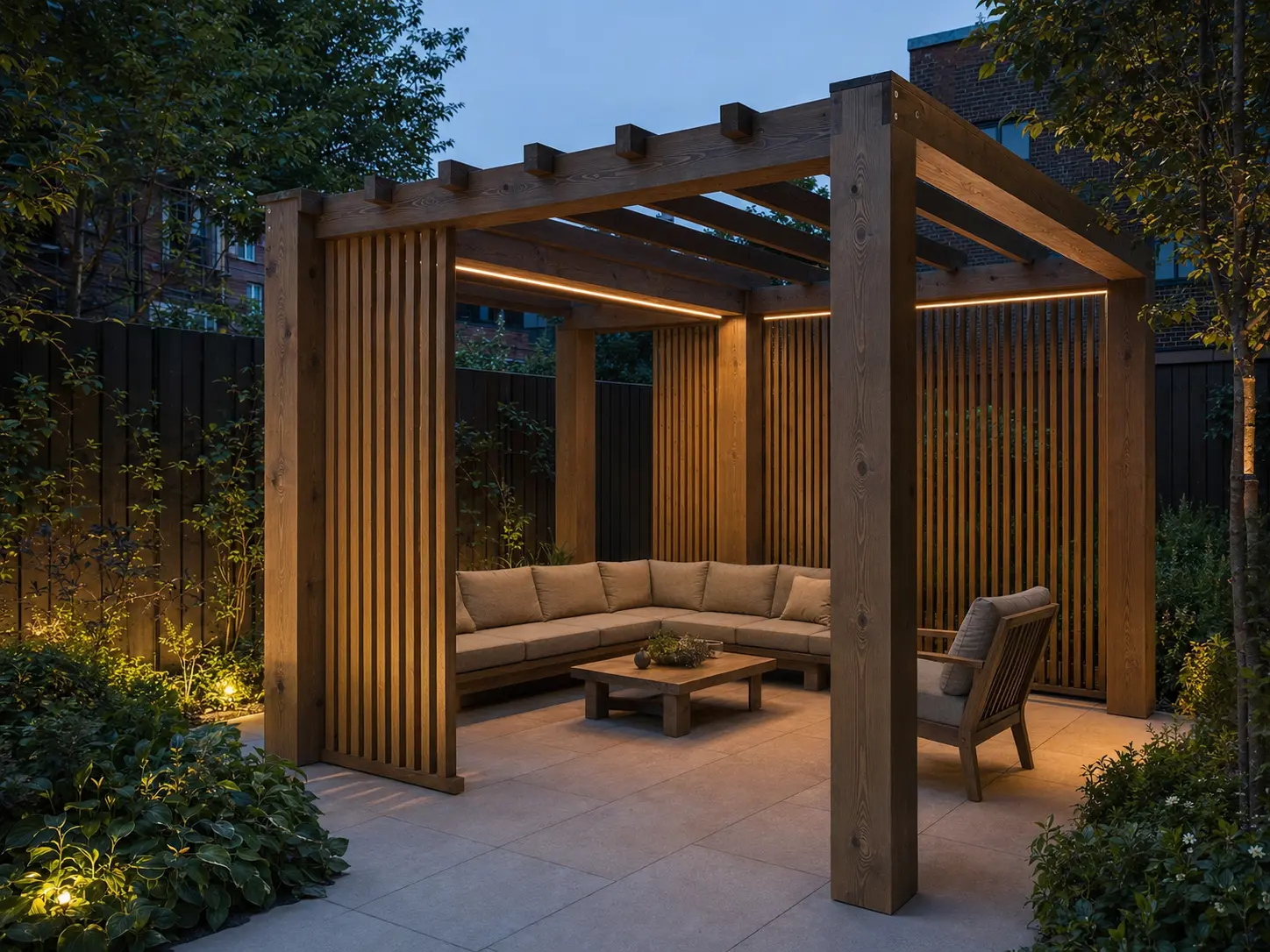 Wolnostojąca pergola z pionowymi lamelami i oświetleniem LED wieczorem