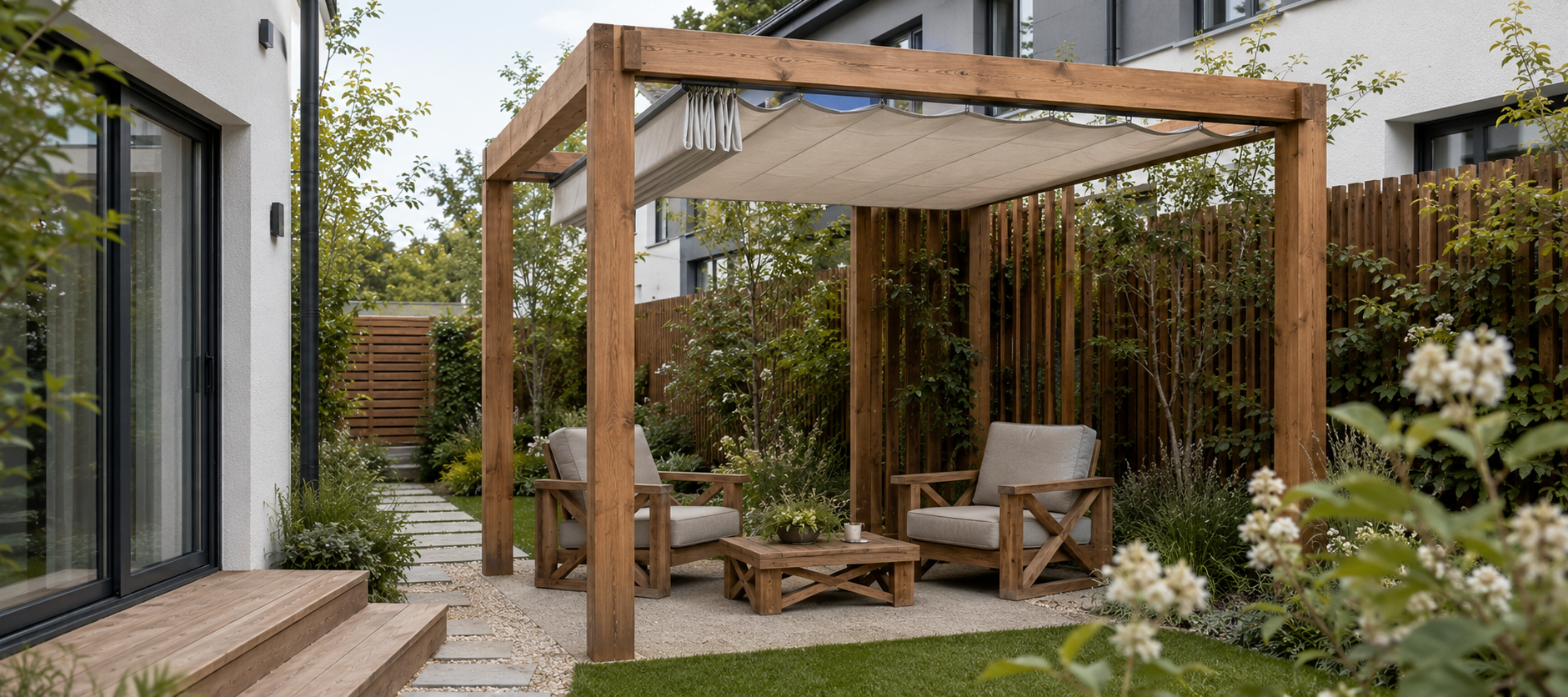 Mały ogród przy bliźniaku — pergola z zadaszeniem, drewniane fotele, ścieżka i roślinność