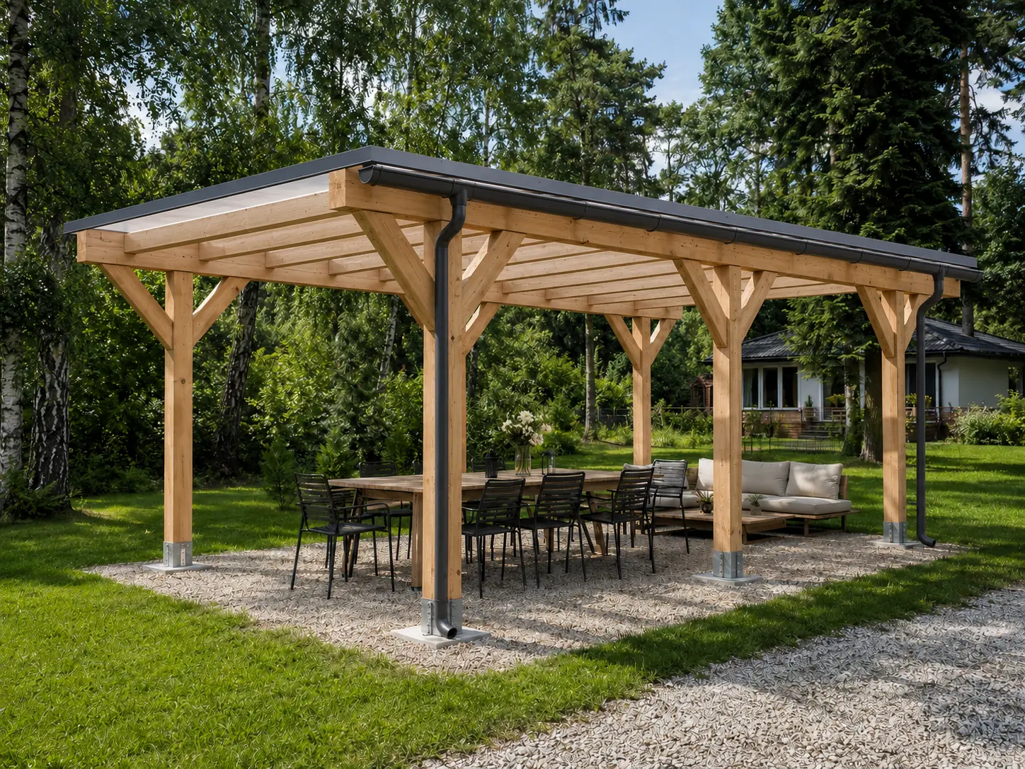 Pergola drewniana L — poliwęglan, 400 × 500 × 230–258 cm, dach: poliwęglan 16 mm