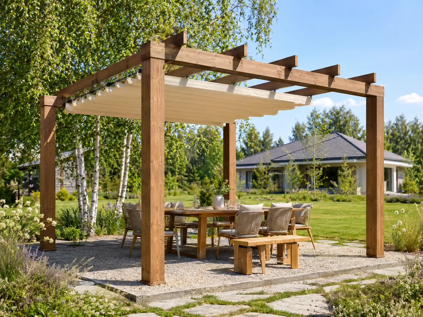 Drewniana pergola wolnostojąca z rozsuwanym jasnym płótnem nad stołem