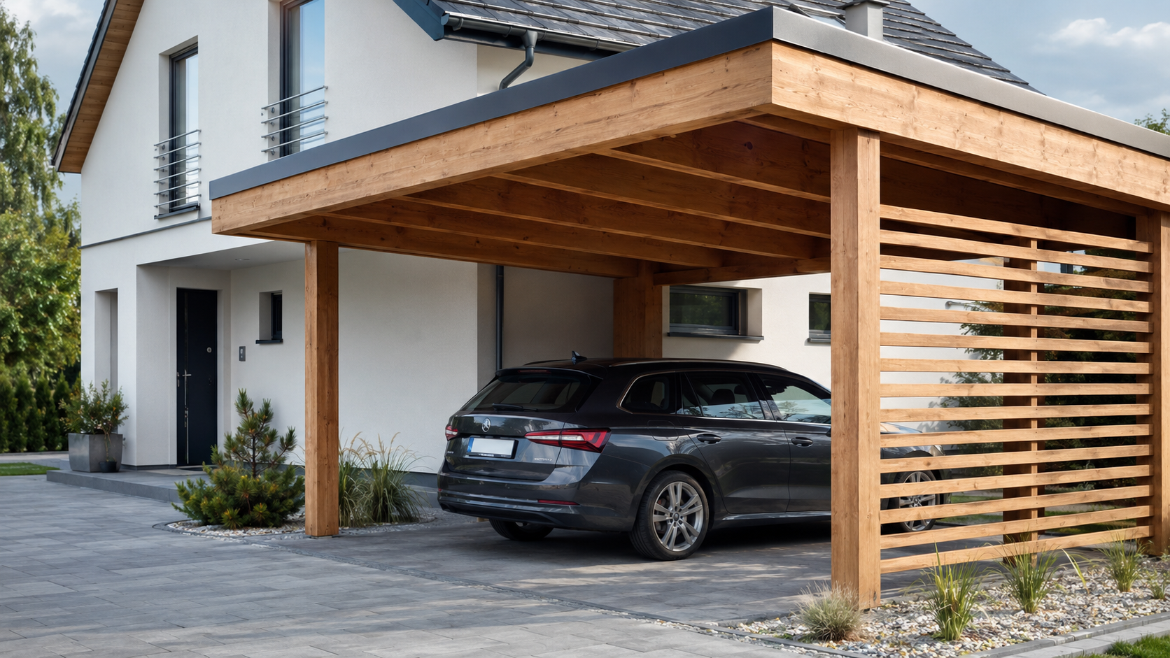 Carport drewniany przy nowoczesnym domu jednorodzinnym, dopasowany do elewacji