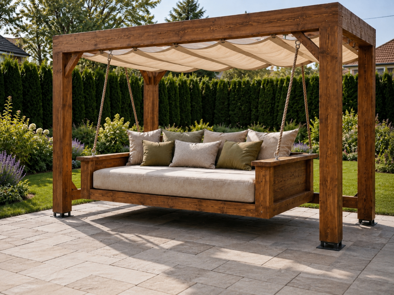 Wizualizacja wiszącej leżanki daybed w pergoli z płótnem w ogrodzie