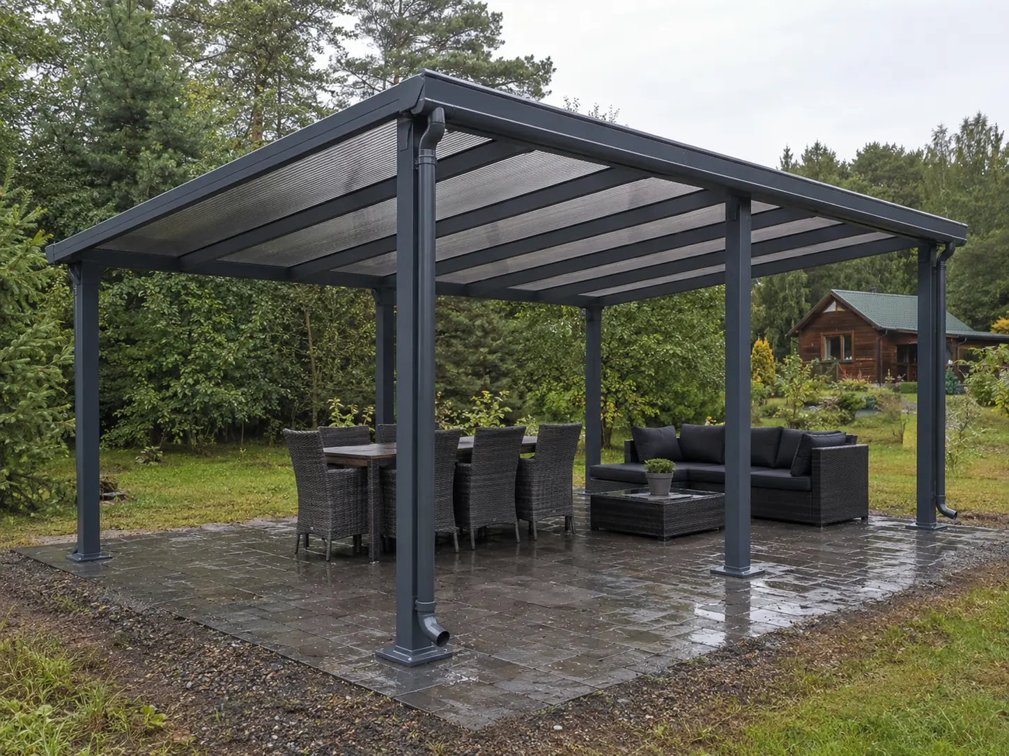 Pergola stalowa L — poliwęglan, 400 × 500 × 230–258 cm, dach: poliwęglan 16 mm