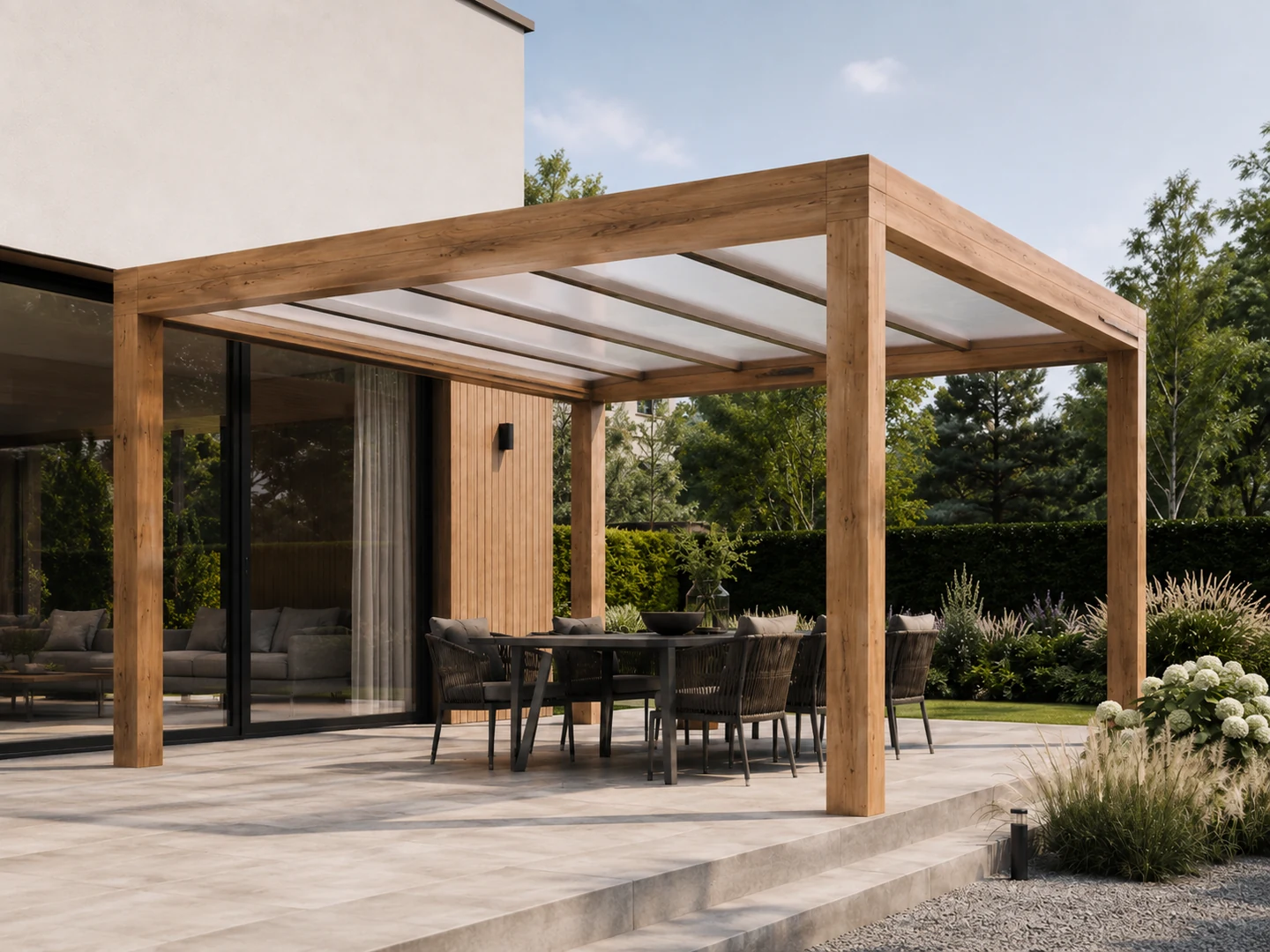 Pergola drewniana 300 × 400 — poliwęglan — wizualizacja projektowa, dach: poliwęglan komorowy 16 mm