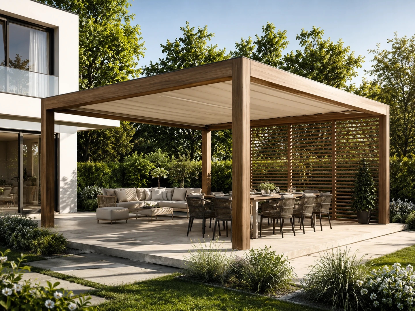 Pergola drewniana 500 × 800 — duża strefa ogrodowa — wizualizacja projektowa, dach: modułowy — ażur / tkanina / pełne segmenty