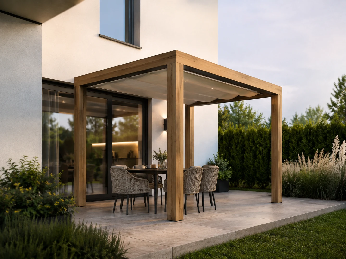 Pergola drewniana 300 × 300 — dach z tkaniną — wizualizacja projektowa, dach: rozsuwana tkanina na prowadnicach