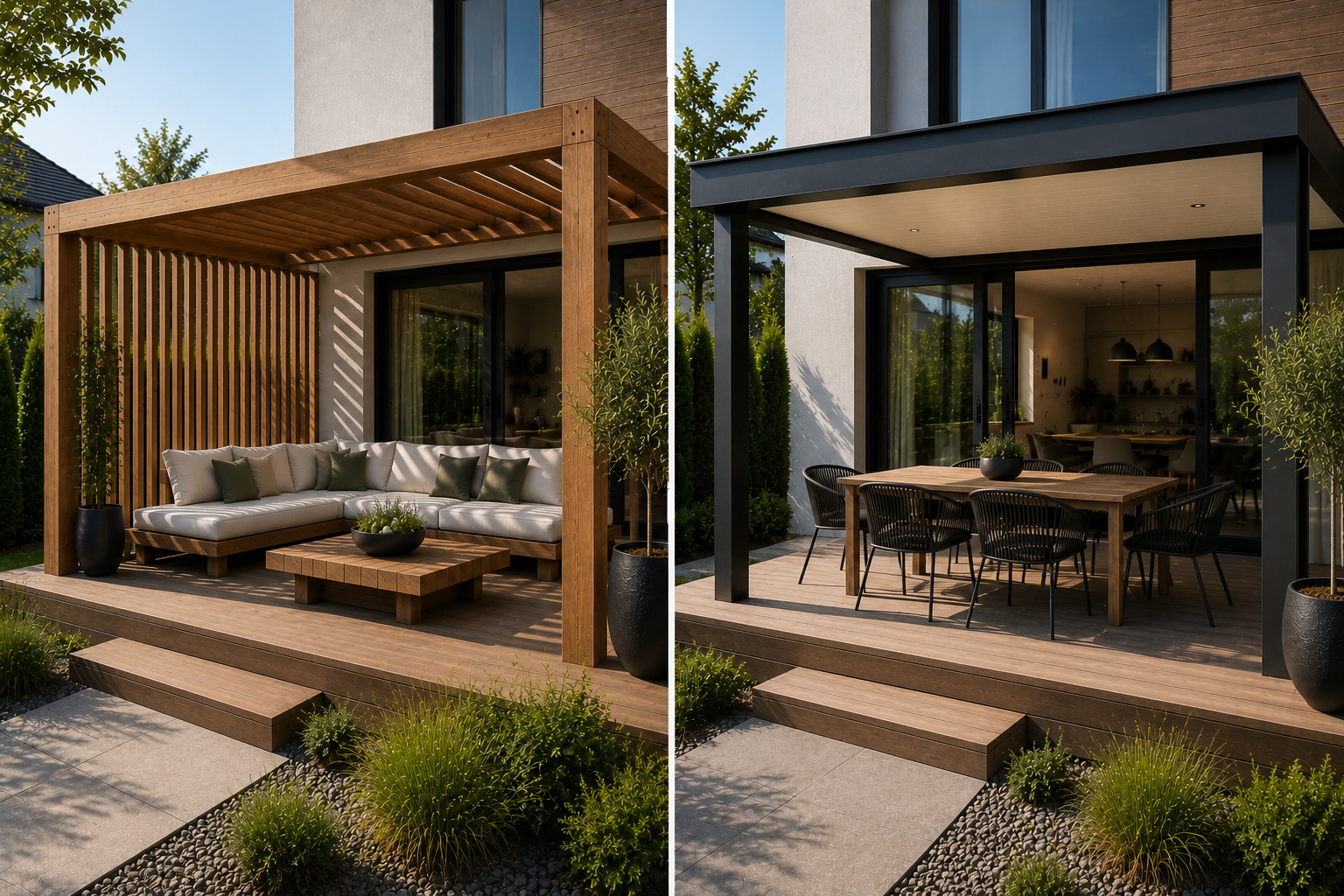 Po lewej pergola drewniana z lamelami, po prawej klasyczne zadaszenie tarasu przy domu jednorodzinnym