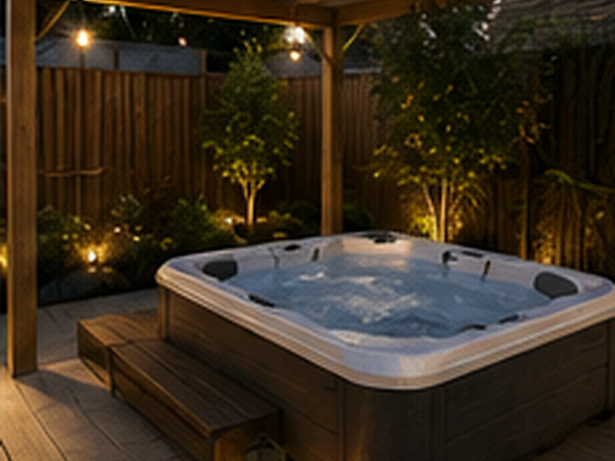 Strefa SPA na tarasie z jacuzzi osłoniętym drewnianą pergolą