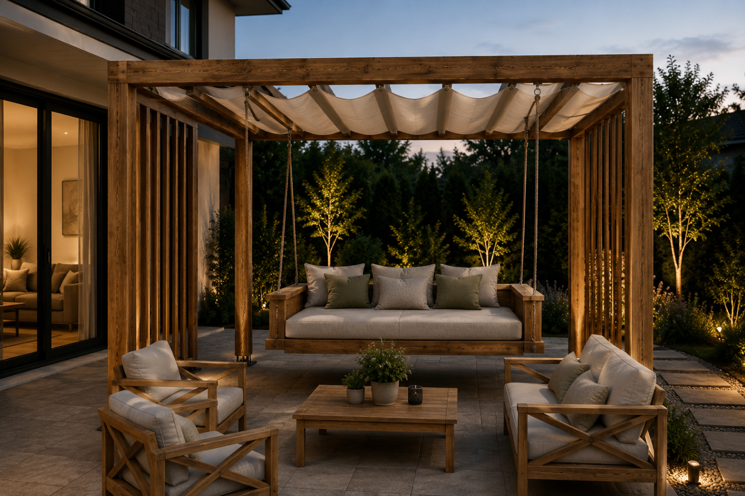 Wizualizacja wiszącej leżanki daybed XXL w pergoli z płótnem wieczorem