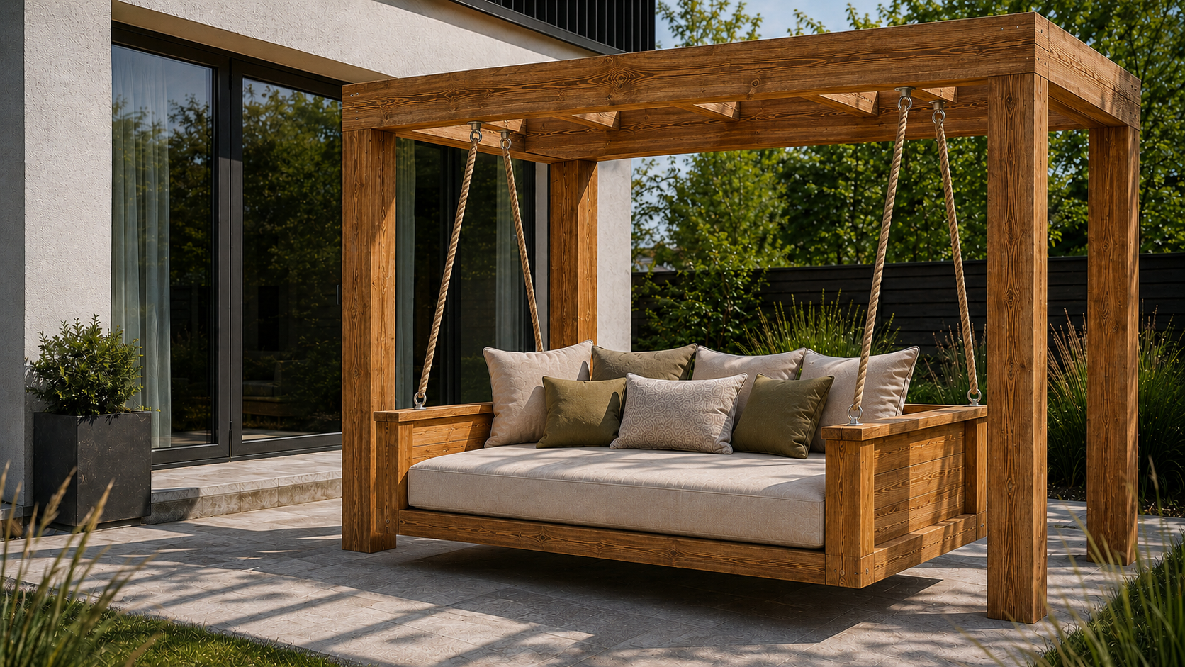 Pergola drewniana wolnostojąca w ogrodzie przy domu jednorodzinnym