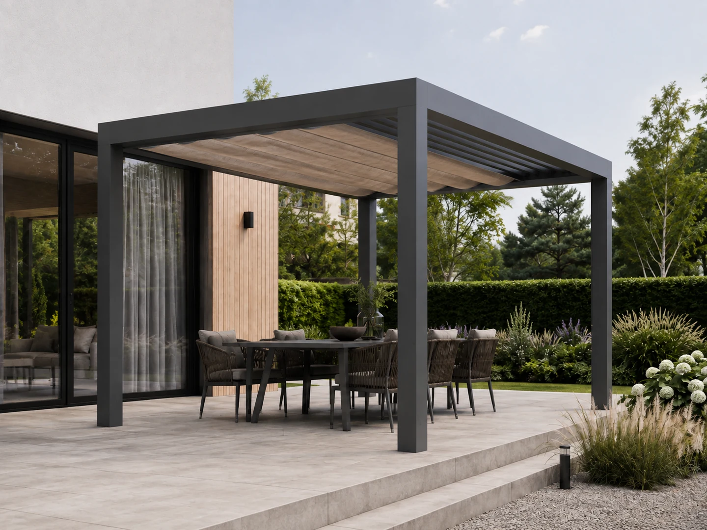 Pergola stalowa 400 × 600 — dach tekstylny — wizualizacja projektowa, dach: rozsuwana tkanina techniczna