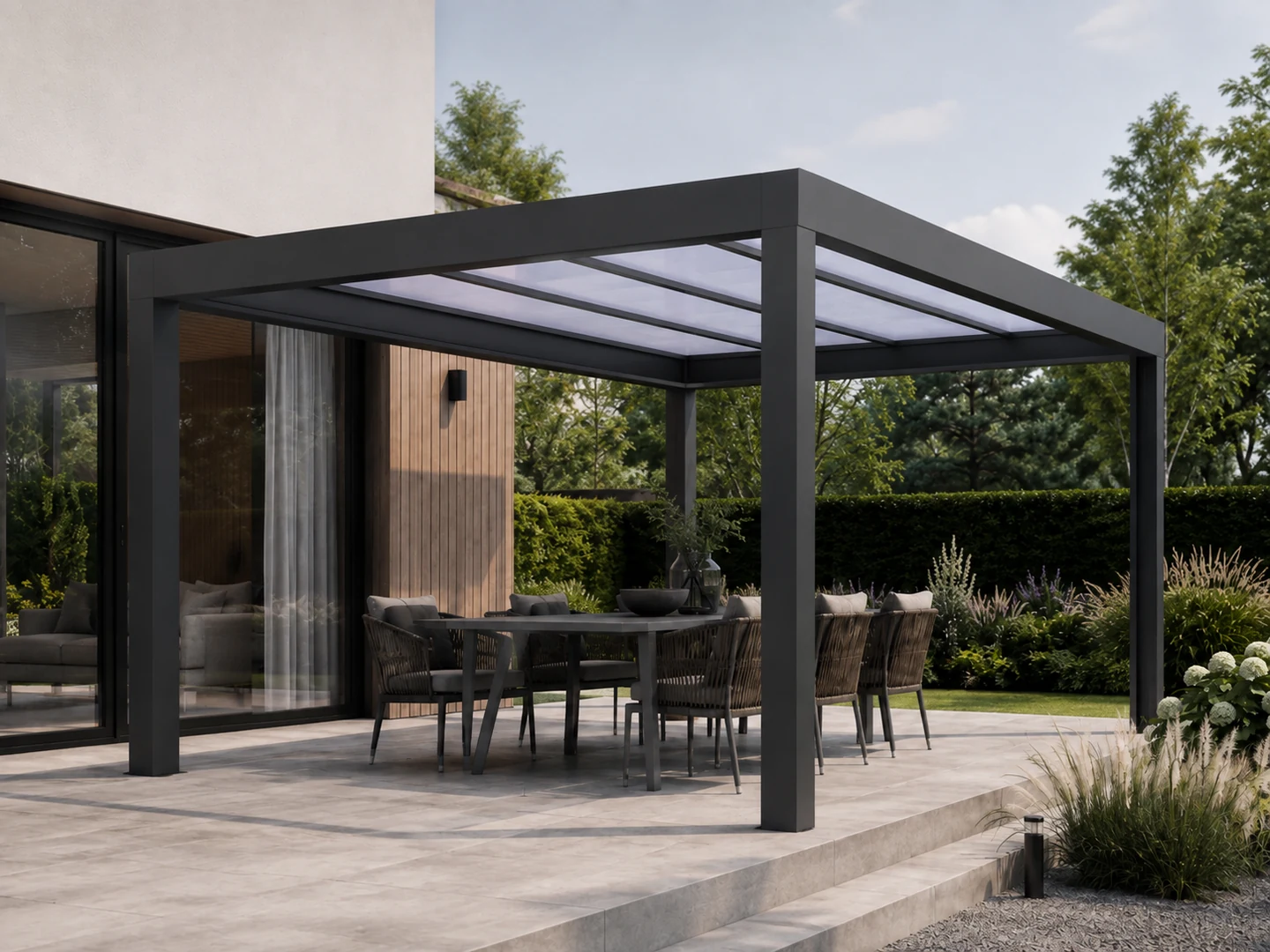Pergola stalowa 400 × 500 — poliwęglan — wizualizacja projektowa, dach: poliwęglan komorowy 16 mm