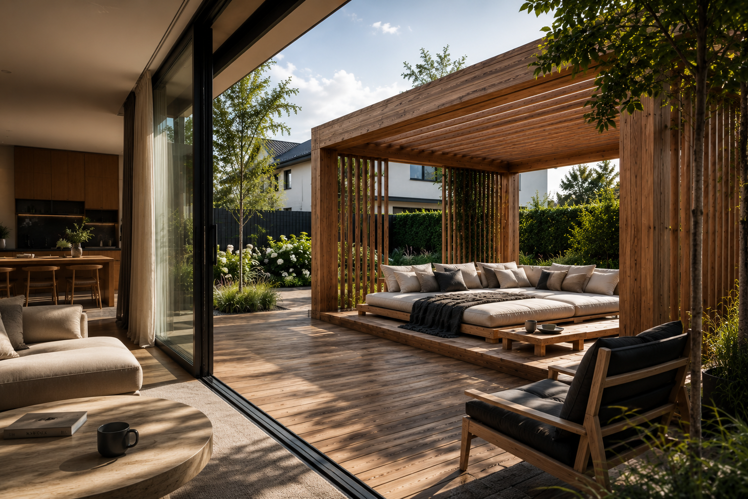 Drewniana pergola z daybedem ogrodowym — realizacja strefy wypoczynku
