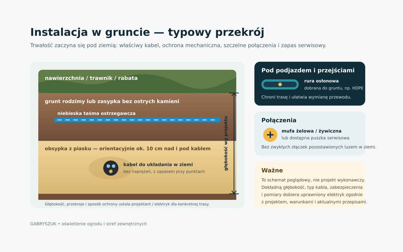 Schemat warstw instalacji kablowej w gruncie z piaskiem, taśmą ostrzegawczą i rurą osłonową