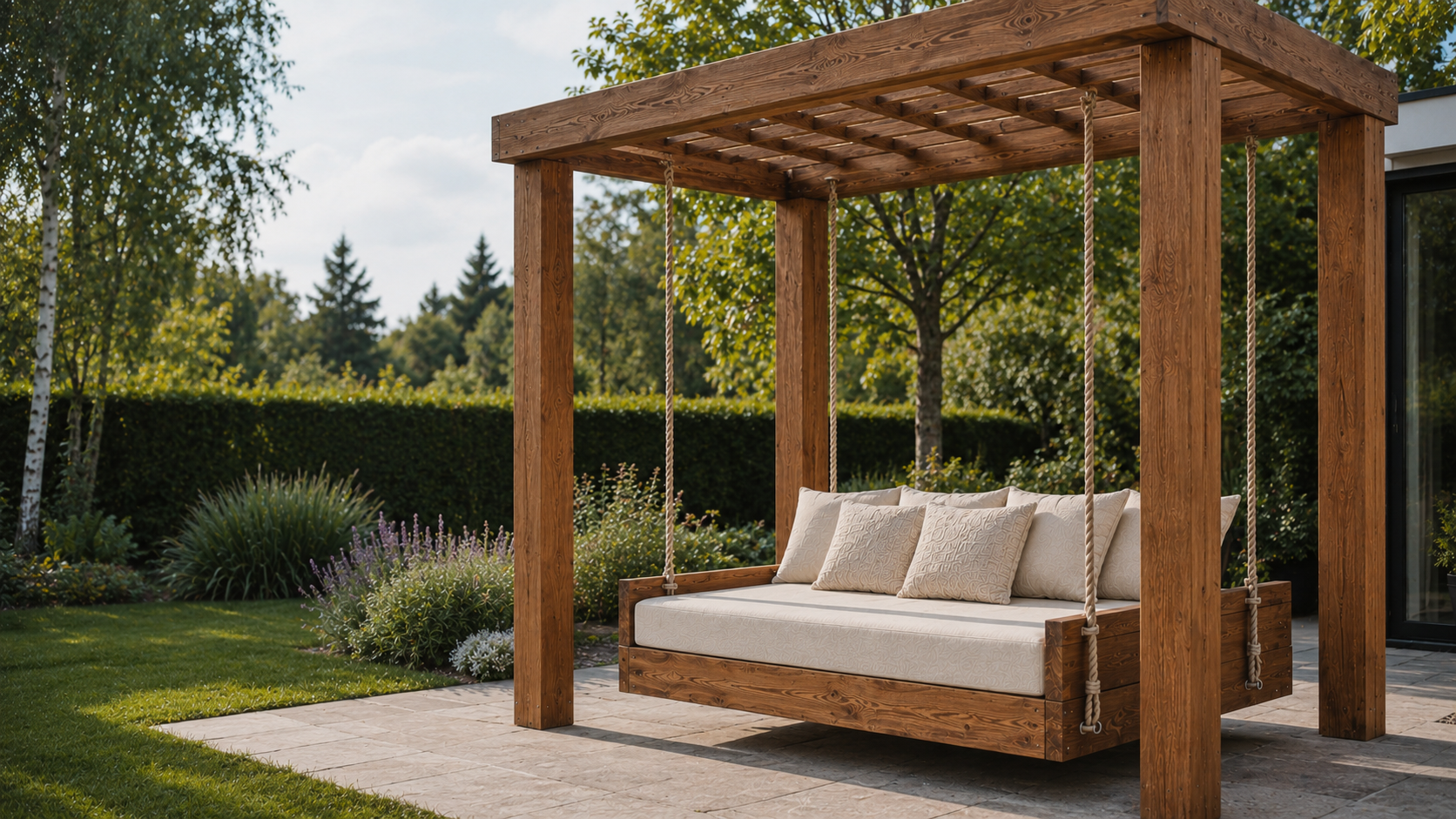 Wisząca leżanka (daybed) w pergoli drewnianej
