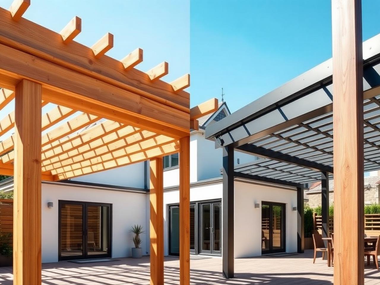 Pergola drewniana i pergola aluminiowa obok siebie — porównanie konstrukcji