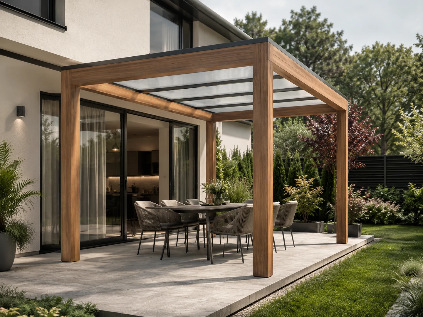 Pergola drewniana 400 × 600 — pełne zadaszenie — wizualizacja projektowa, dach: poliwęglan 16 mm / dach segmentowy