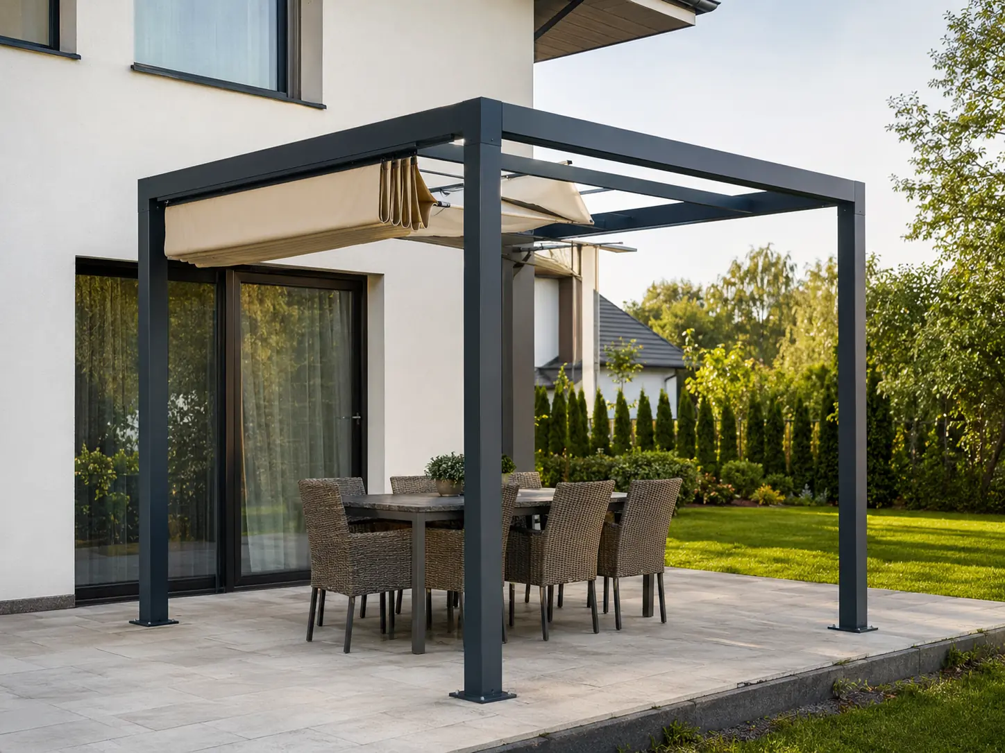 Pergola stalowa M — płótno, 300 × 400 × 240 cm, dach: płótno rozsuwane