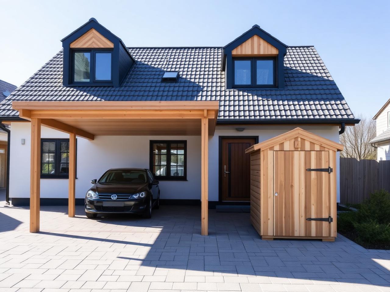 Drewniany carport przy domu jednorodzinnym wraz z zabudową wokół wejścia