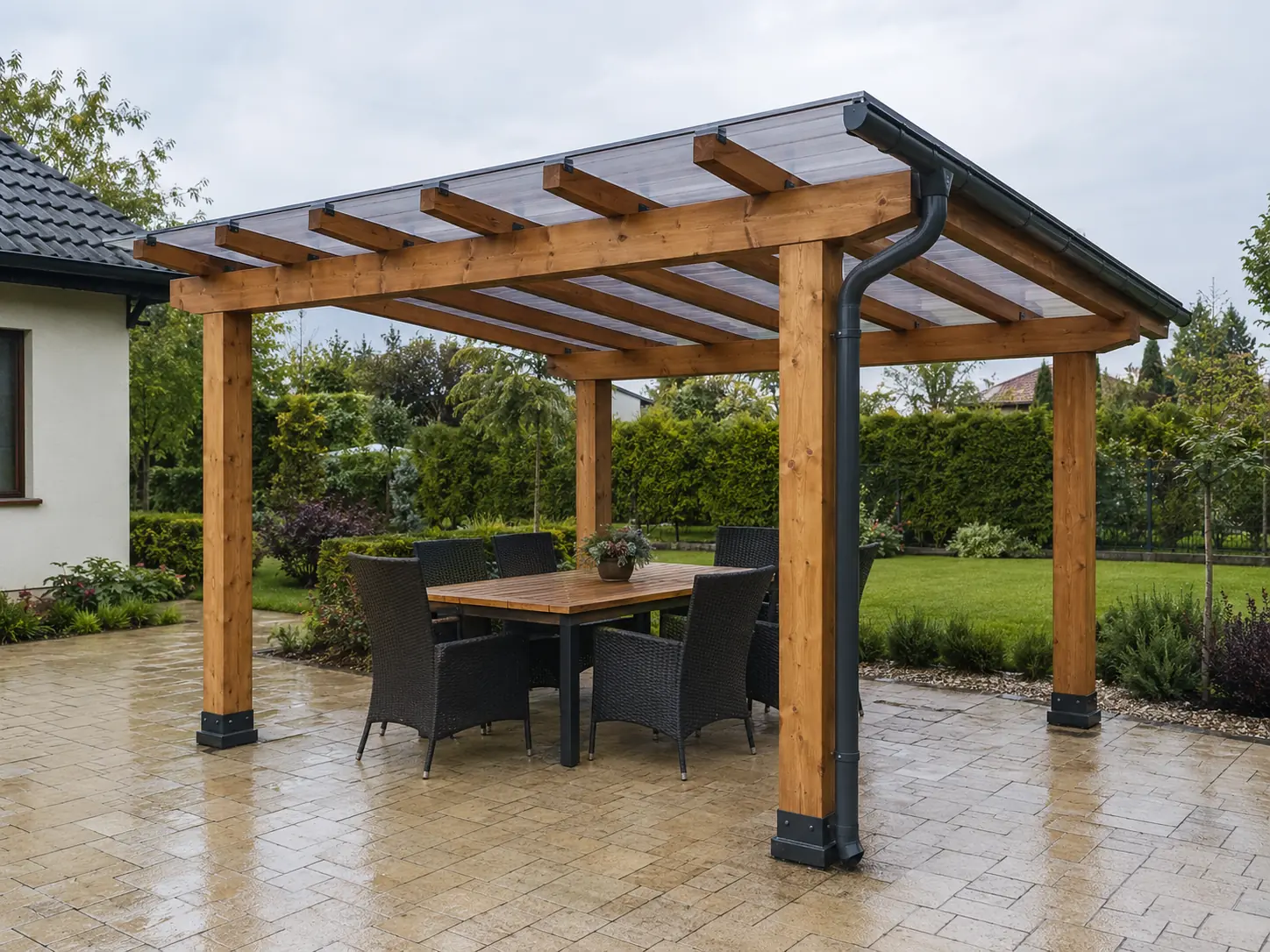Pergola drewniana M — poliwęglan, 300 × 400 × 228–250 cm, dach: poliwęglan 16 mm