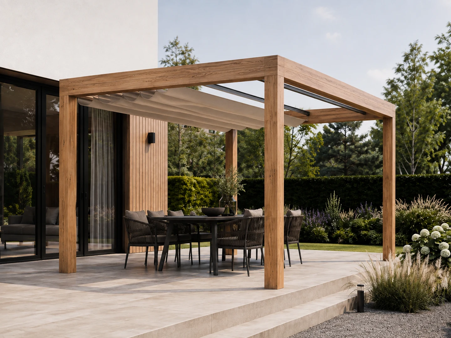 Pergola drewniana 400 × 500 — dach rozsuwany — wizualizacja projektowa, dach: tkanina techniczna na prowadnicach