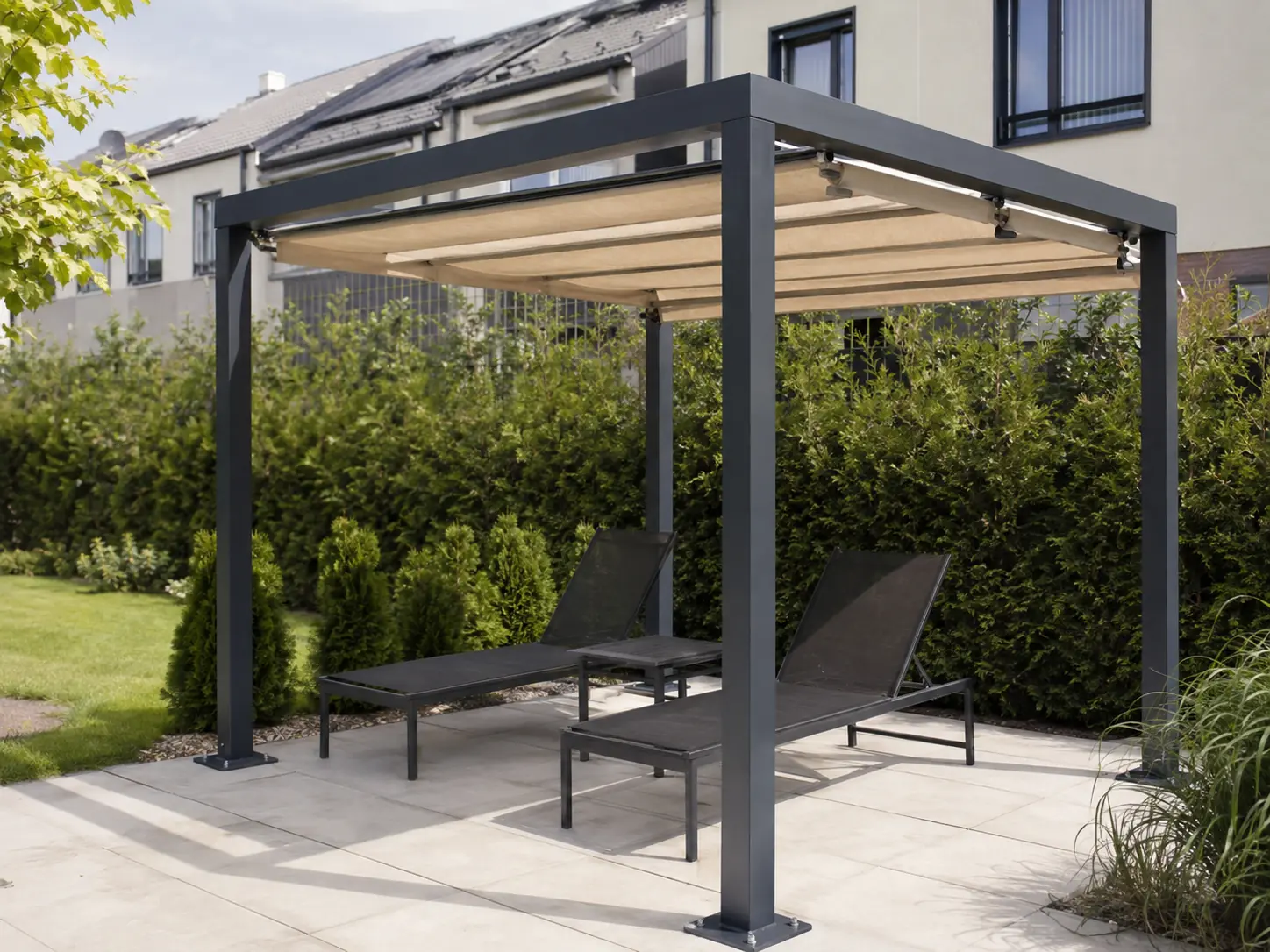 Pergola stalowa S — płótno, 250 × 250 × 235 cm, dach: płótno rozsuwane