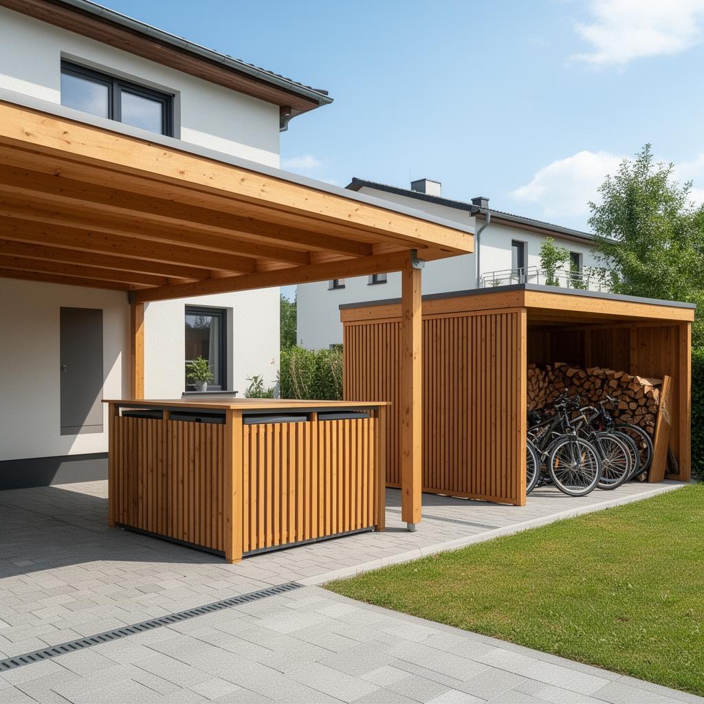 Spójny front domu: carport, wiata śmietnikowa, drewutnia i schowek rowerowy w drewnie