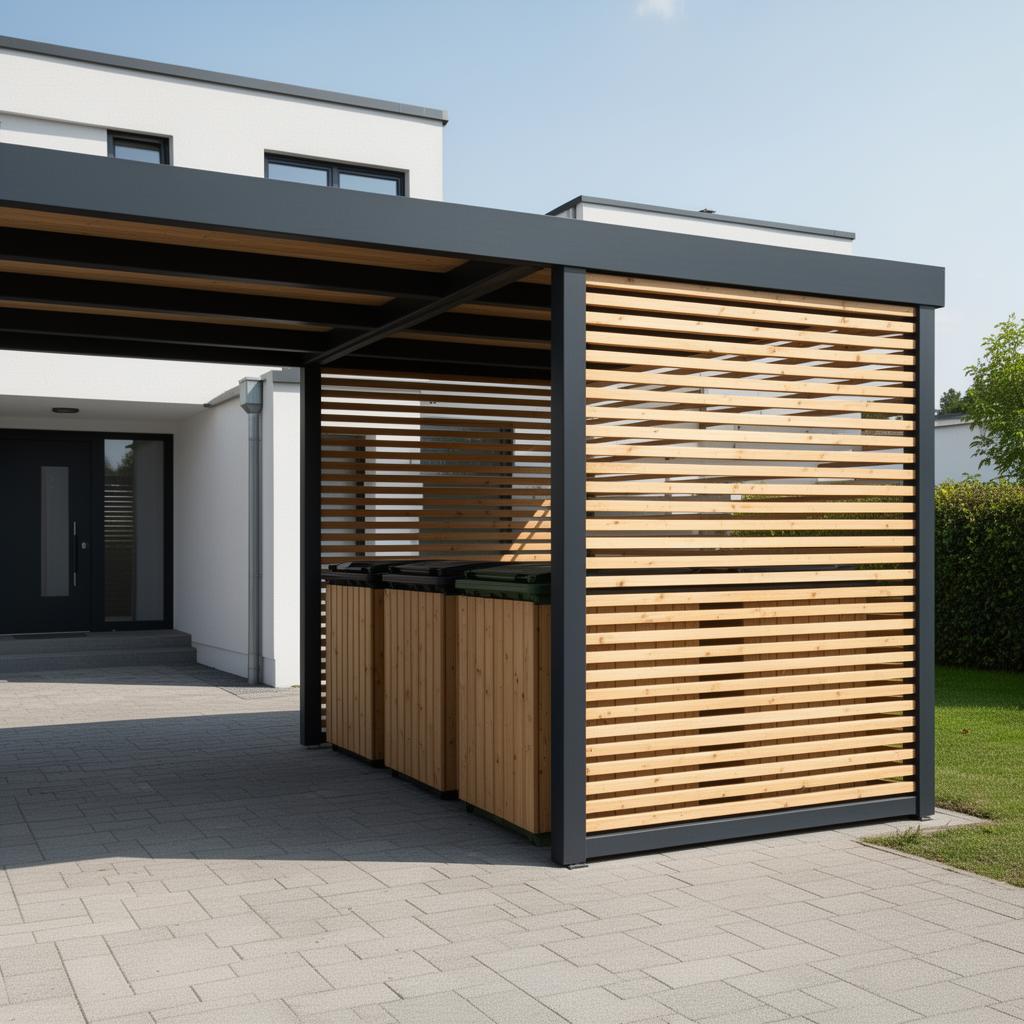Carport z drewutnią i wiatą śmietnikową w spójnej formie — realizacja GABRYSZUK