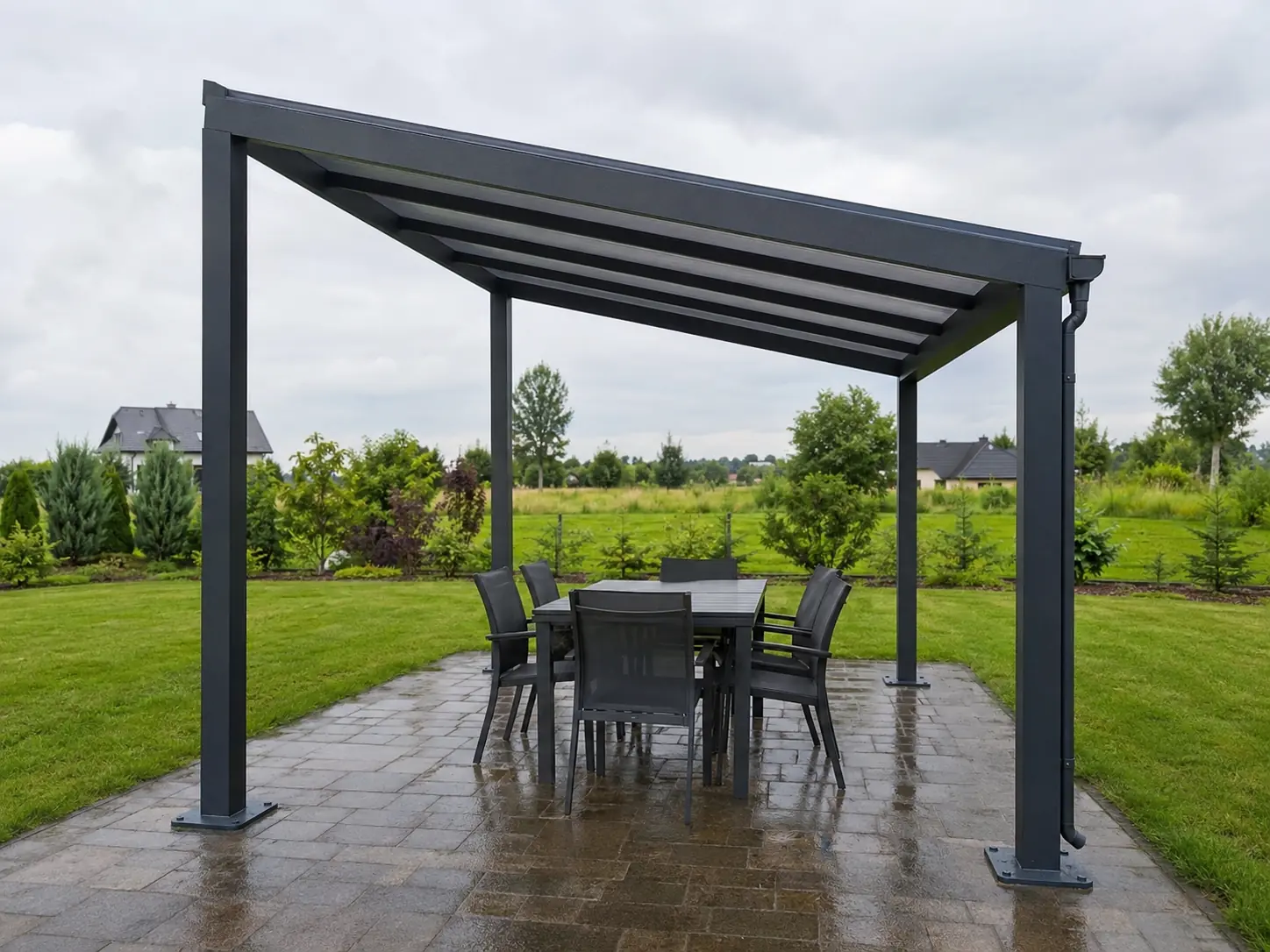 Pergola stalowa M — poliwęglan, 300 × 400 × 228–250 cm, dach: poliwęglan 16 mm