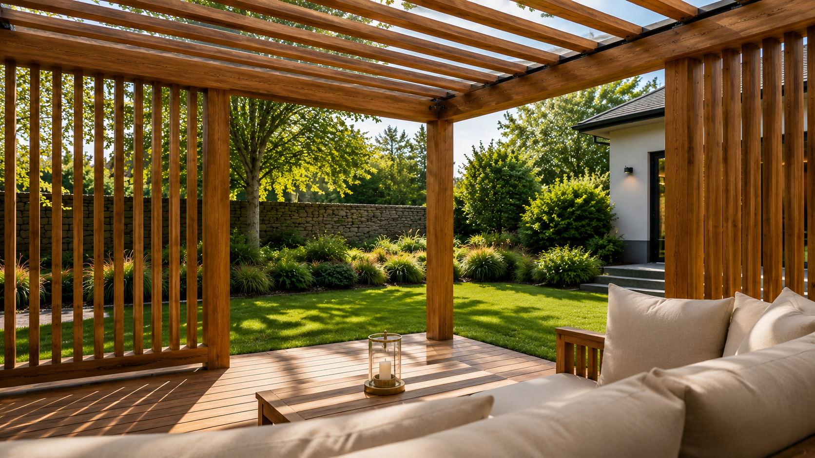 Drewniana pergola z lamelami i zadaszeniem